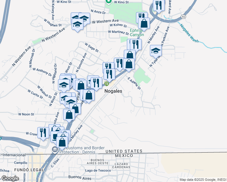 map of restaurants, bars, coffee shops, grocery stores, and more near in Nogales