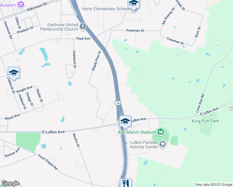 map of restaurants, bars, coffee shops, grocery stores, and more near 309 North Medford Drive in Lufkin