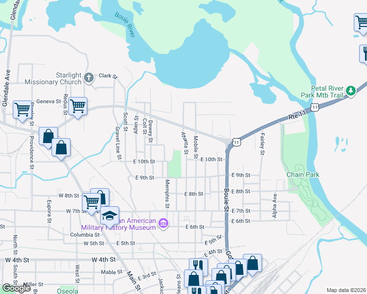 map of restaurants, bars, coffee shops, grocery stores, and more near 1025 Atlanta Street in Hattiesburg