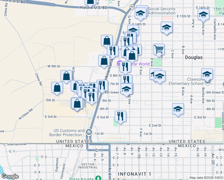 map of restaurants, bars, coffee shops, grocery stores, and more near 319 East 7th Street in Douglas