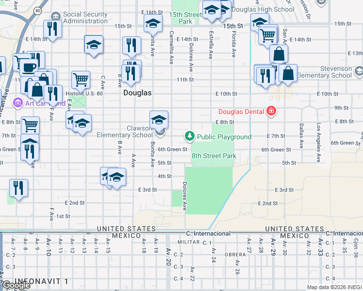 map of restaurants, bars, coffee shops, grocery stores, and more near 1301 East 7th Street in Douglas