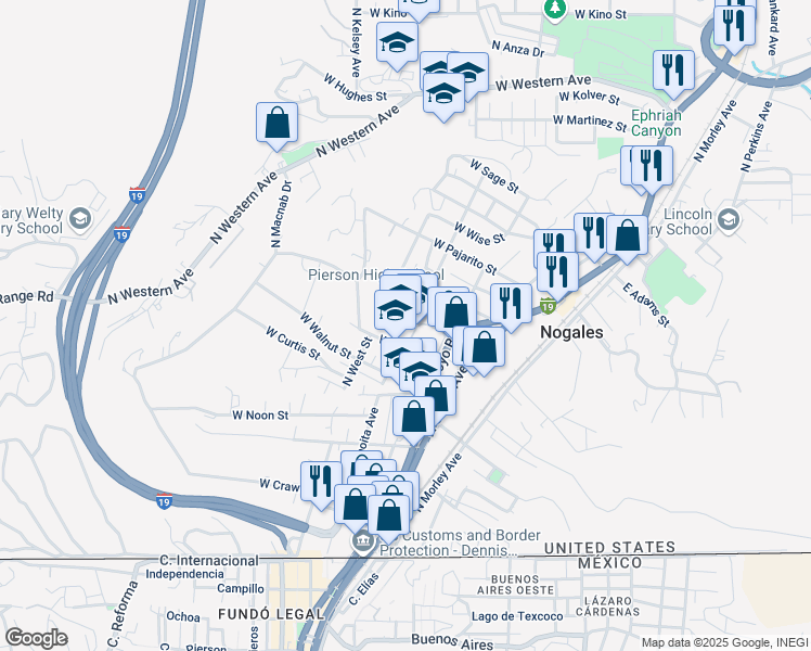 map of restaurants, bars, coffee shops, grocery stores, and more near 310 West Plum Street in Nogales