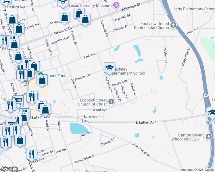 map of restaurants, bars, coffee shops, grocery stores, and more near 605 Lubbock Street in Lufkin