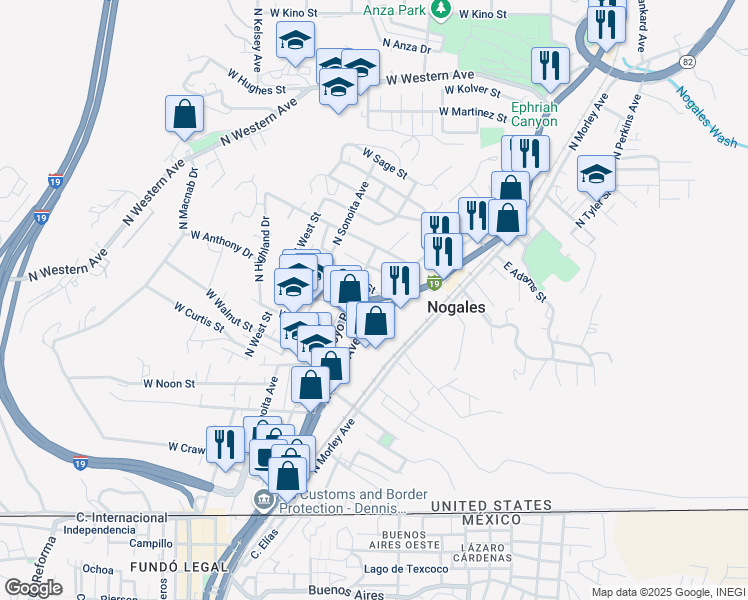 map of restaurants, bars, coffee shops, grocery stores, and more near 408 North Arroyo Boulevard in Nogales
