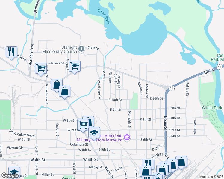 map of restaurants, bars, coffee shops, grocery stores, and more near 1111 Allen Street in Hattiesburg