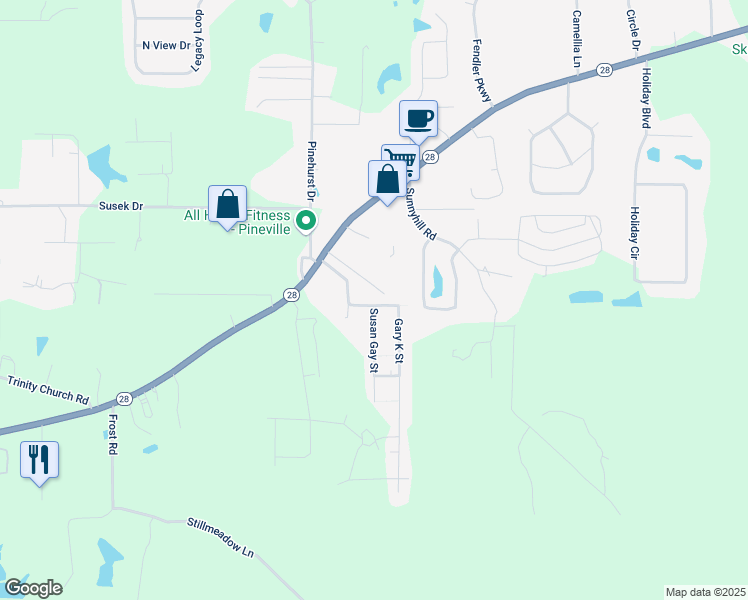 map of restaurants, bars, coffee shops, grocery stores, and more near 205 David Street in Pineville