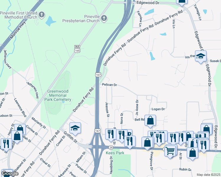 map of restaurants, bars, coffee shops, grocery stores, and more near 1425 Jeannie Street in Pineville