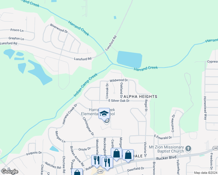 map of restaurants, bars, coffee shops, grocery stores, and more near 110 Liveoak Drive in Enterprise
