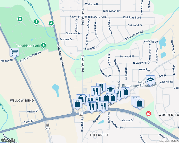 map of restaurants, bars, coffee shops, grocery stores, and more near 1500 Shellfield Road in Enterprise