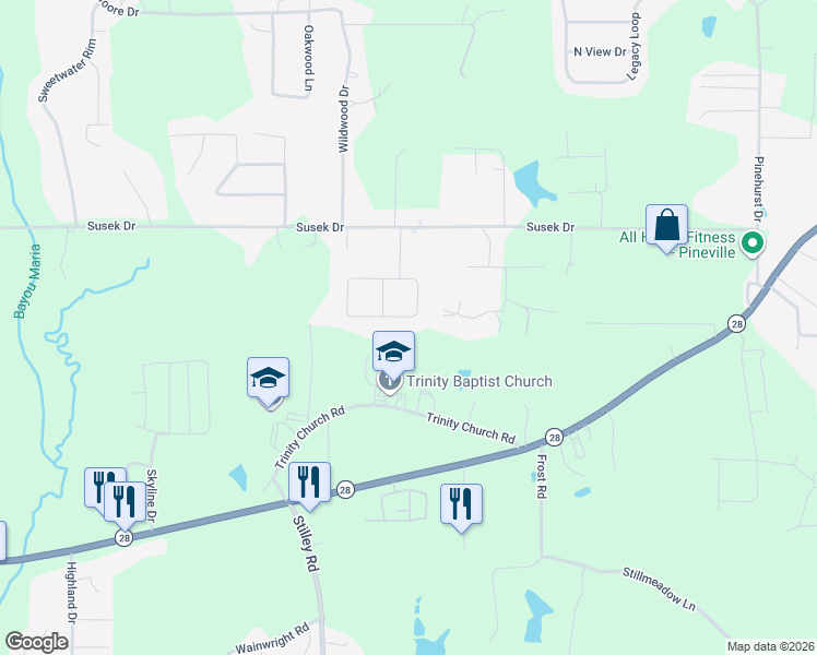 map of restaurants, bars, coffee shops, grocery stores, and more near 168 Woodcliff Circle in Pineville