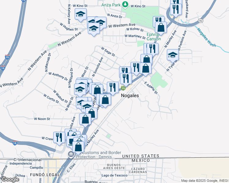 map of restaurants, bars, coffee shops, grocery stores, and more near in Nogales