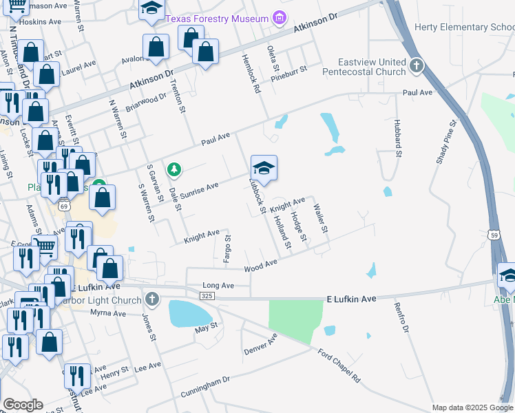 map of restaurants, bars, coffee shops, grocery stores, and more near 605 Lubbock Street in Lufkin