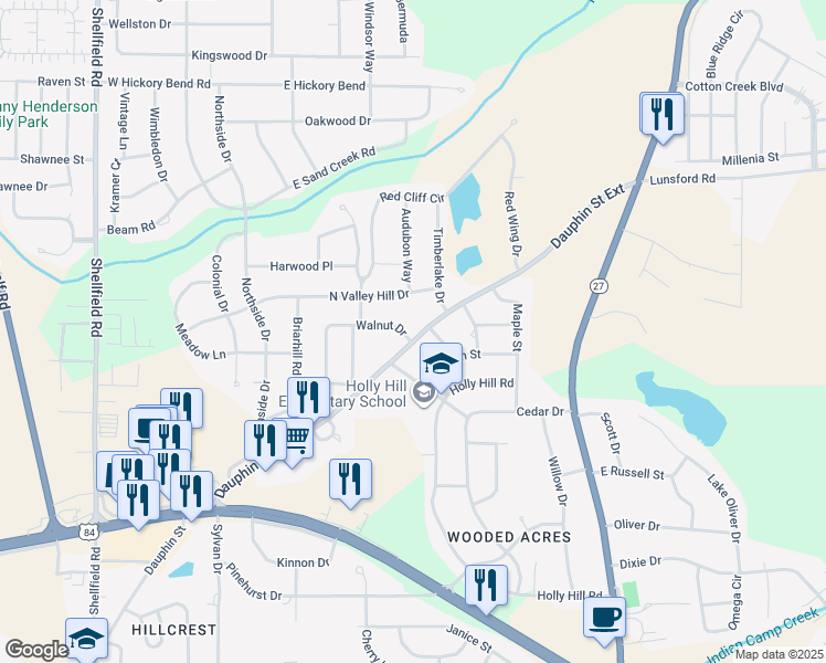 map of restaurants, bars, coffee shops, grocery stores, and more near 213 Walnut Drive in Enterprise