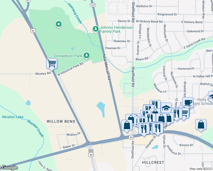 map of restaurants, bars, coffee shops, grocery stores, and more near 1701 Neal Metcalf Road in Enterprise