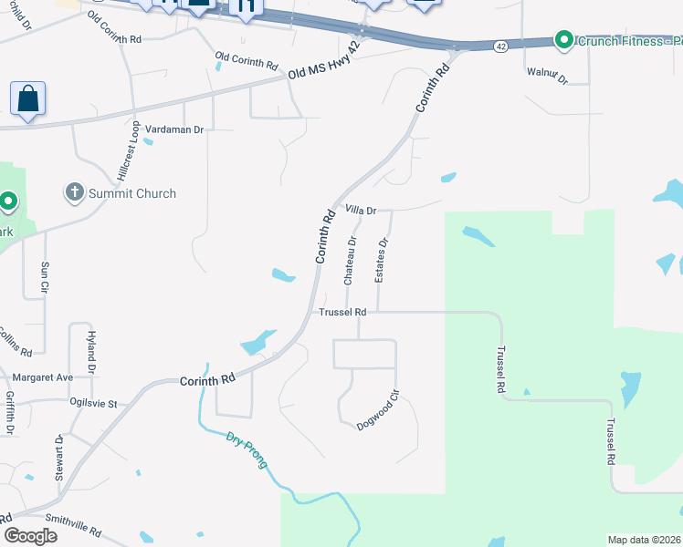 map of restaurants, bars, coffee shops, grocery stores, and more near 21 Chateau Drive in Petal