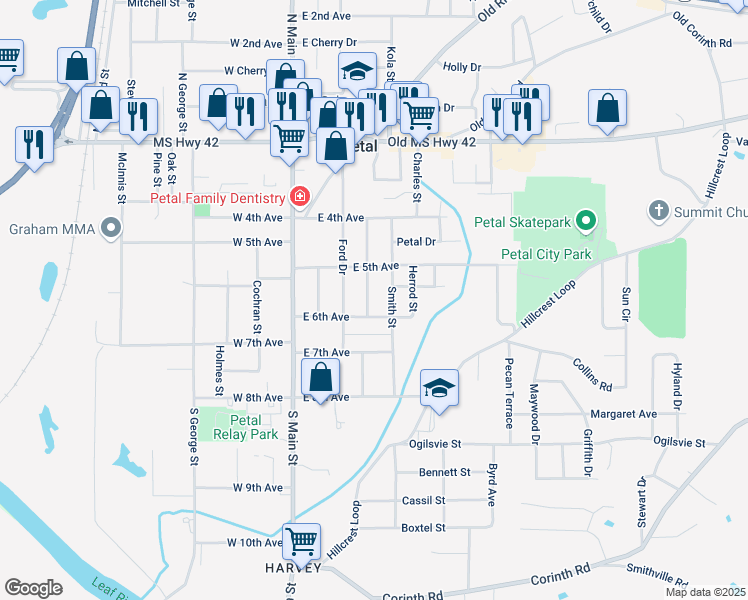 map of restaurants, bars, coffee shops, grocery stores, and more near 210 Smith St in Petal