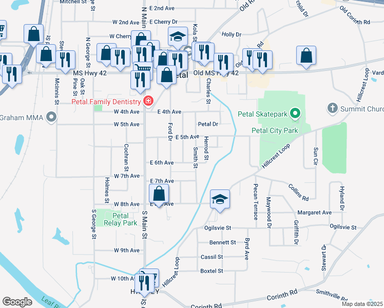 map of restaurants, bars, coffee shops, grocery stores, and more near 210 Smith St in Petal