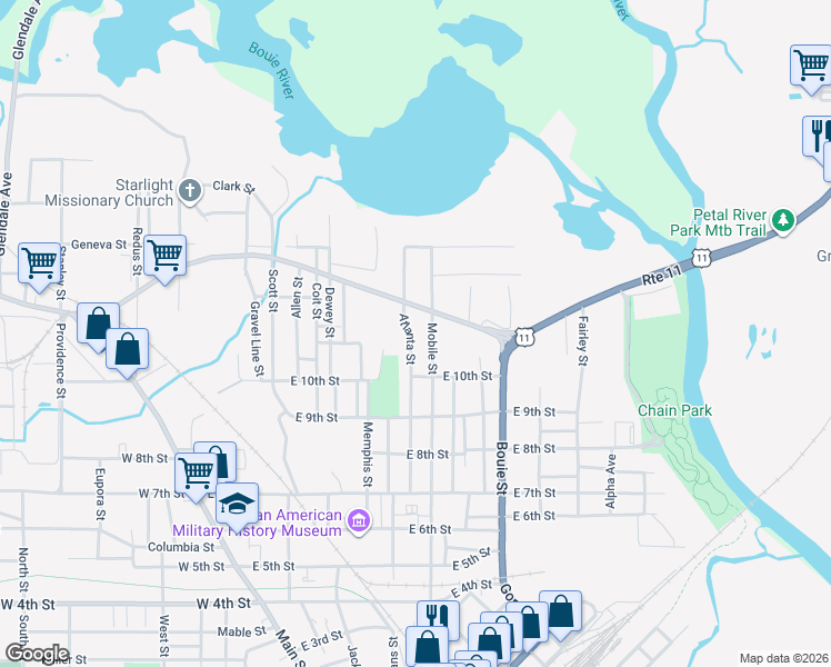 map of restaurants, bars, coffee shops, grocery stores, and more near 1025 Atlanta Street in Hattiesburg
