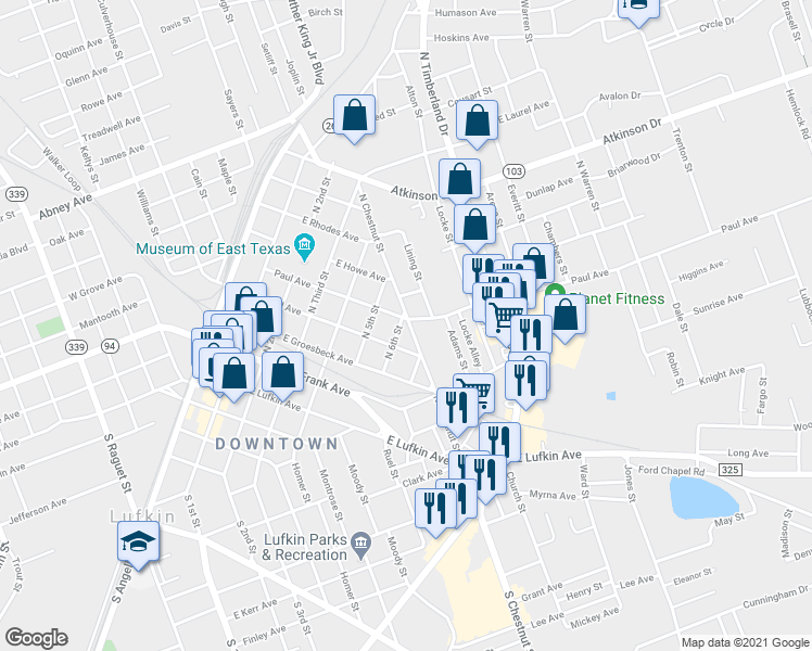 map of restaurants, bars, coffee shops, grocery stores, and more near 602 Paul Avenue in Lufkin