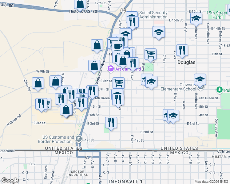 map of restaurants, bars, coffee shops, grocery stores, and more near 417-1/2 7th St in Douglas