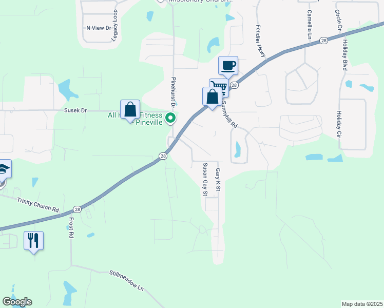 map of restaurants, bars, coffee shops, grocery stores, and more near 118 Bradley Avenue in Pineville