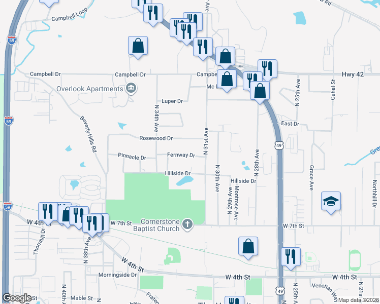 map of restaurants, bars, coffee shops, grocery stores, and more near 3109 Fernway Drive in Hattiesburg