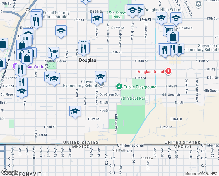 map of restaurants, bars, coffee shops, grocery stores, and more near 1301 East 7th Street in Douglas