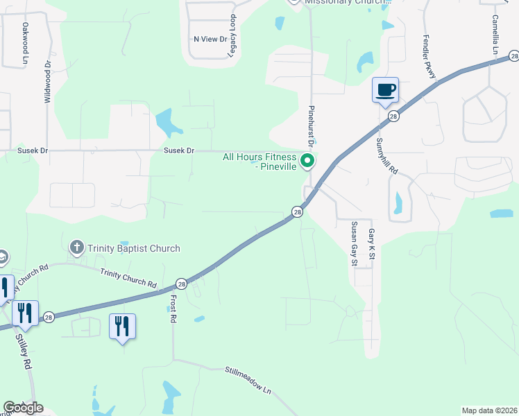 map of restaurants, bars, coffee shops, grocery stores, and more near 132 Alice Drive in Pineville