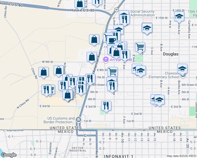 map of restaurants, bars, coffee shops, grocery stores, and more near 319 East 7th Street in Douglas