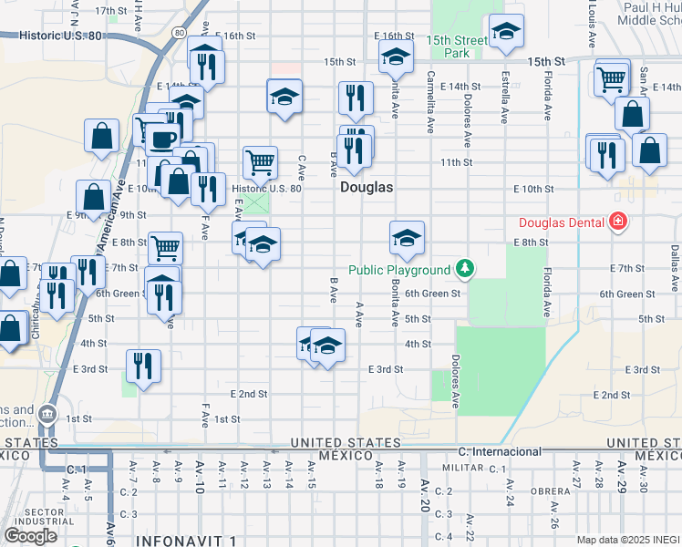 map of restaurants, bars, coffee shops, grocery stores, and more near 1011 East 7th Street in Douglas