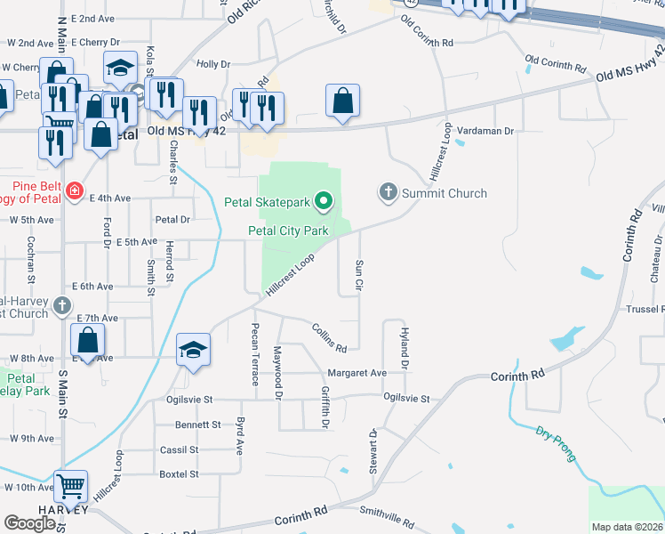 map of restaurants, bars, coffee shops, grocery stores, and more near 213 Sun Circle in Petal