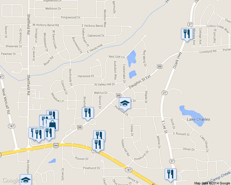 map of restaurants, bars, coffee shops, grocery stores, and more near 213 Walnut Drive in Enterprise