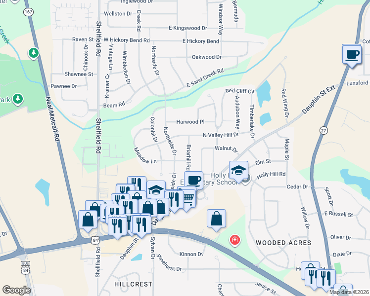 map of restaurants, bars, coffee shops, grocery stores, and more near 305 Briarhill Road in Enterprise