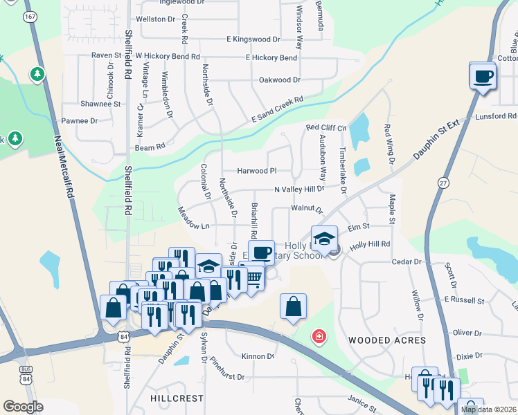 map of restaurants, bars, coffee shops, grocery stores, and more near 305 Briarhill Road in Enterprise