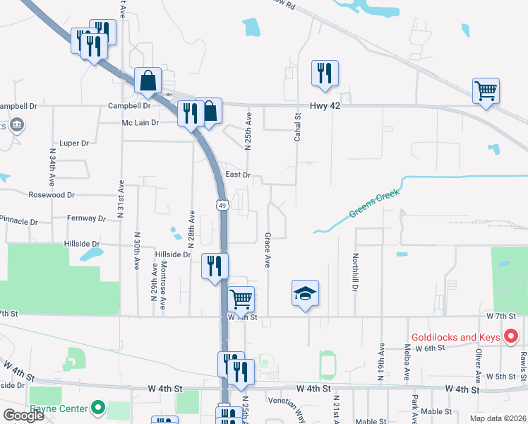 map of restaurants, bars, coffee shops, grocery stores, and more near 814 Grace Avenue in Hattiesburg
