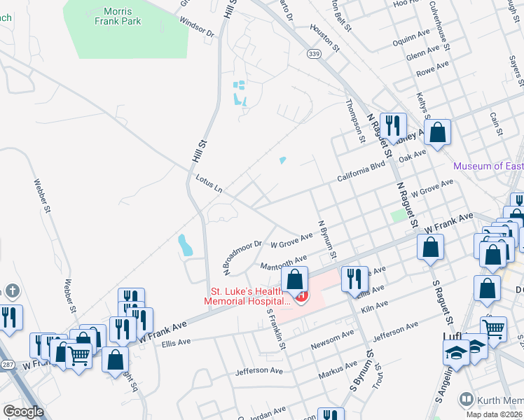 map of restaurants, bars, coffee shops, grocery stores, and more near 1212 Lotus Lane in Lufkin