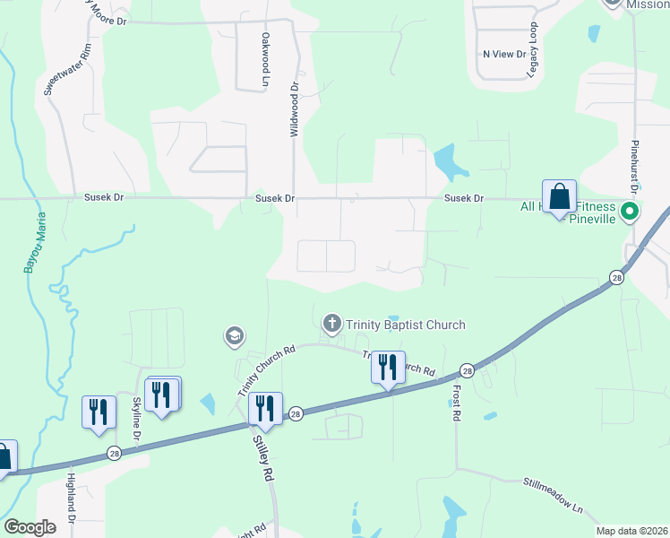 map of restaurants, bars, coffee shops, grocery stores, and more near 168 Woodcliff Circle in Pineville