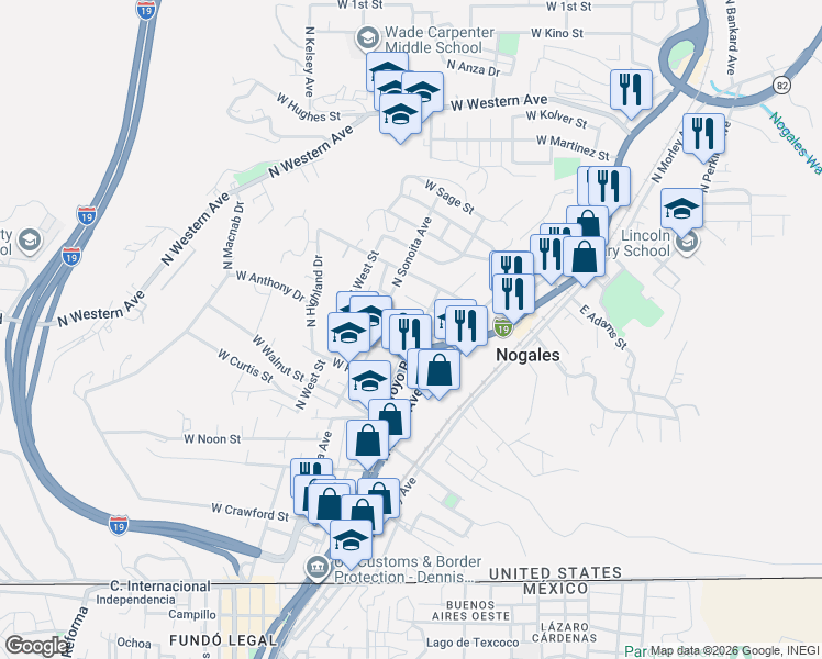 map of restaurants, bars, coffee shops, grocery stores, and more near 219 West Loma Street in Nogales