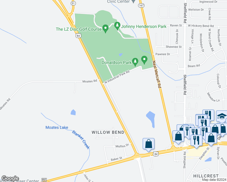map of restaurants, bars, coffee shops, grocery stores, and more near 1550 Parker Ln in Enterprise