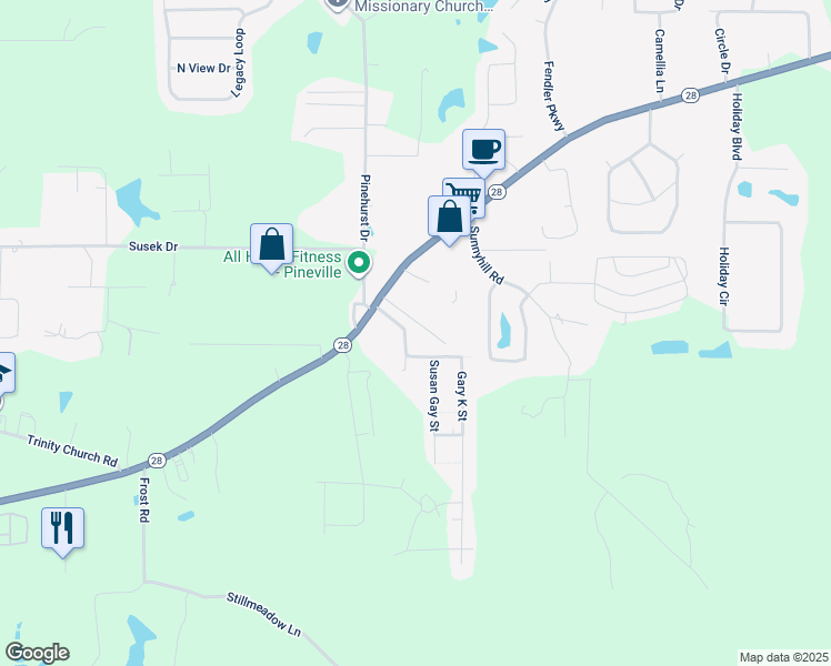 map of restaurants, bars, coffee shops, grocery stores, and more near 205 David Street in Pineville