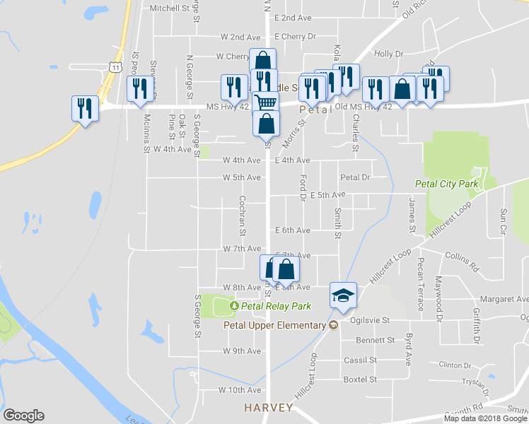 map of restaurants, bars, coffee shops, grocery stores, and more near 404 South Main Street in Petal