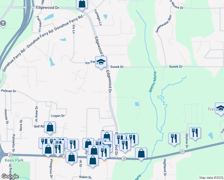 map of restaurants, bars, coffee shops, grocery stores, and more near 474 Edgewood Drive in Pineville