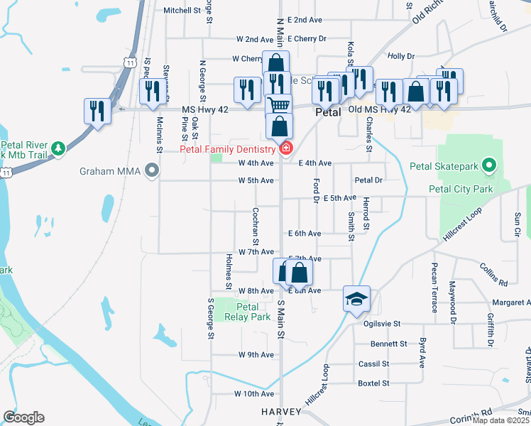 map of restaurants, bars, coffee shops, grocery stores, and more near 404 South Main Street in Petal