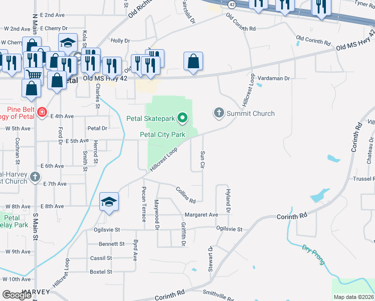 map of restaurants, bars, coffee shops, grocery stores, and more near 213 Sun Cir in Petal