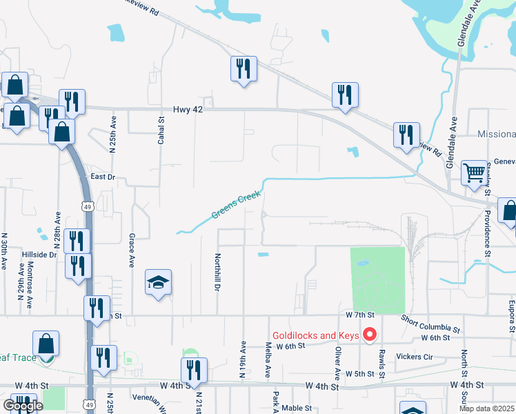 map of restaurants, bars, coffee shops, grocery stores, and more near 104 Pawnee Cir in Hattiesburg