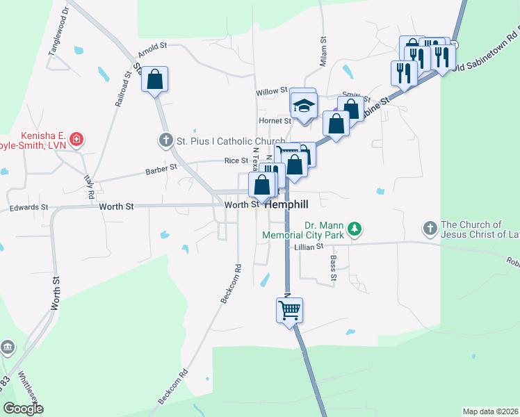 map of restaurants, bars, coffee shops, grocery stores, and more near 275 Worth Street in Hemphill