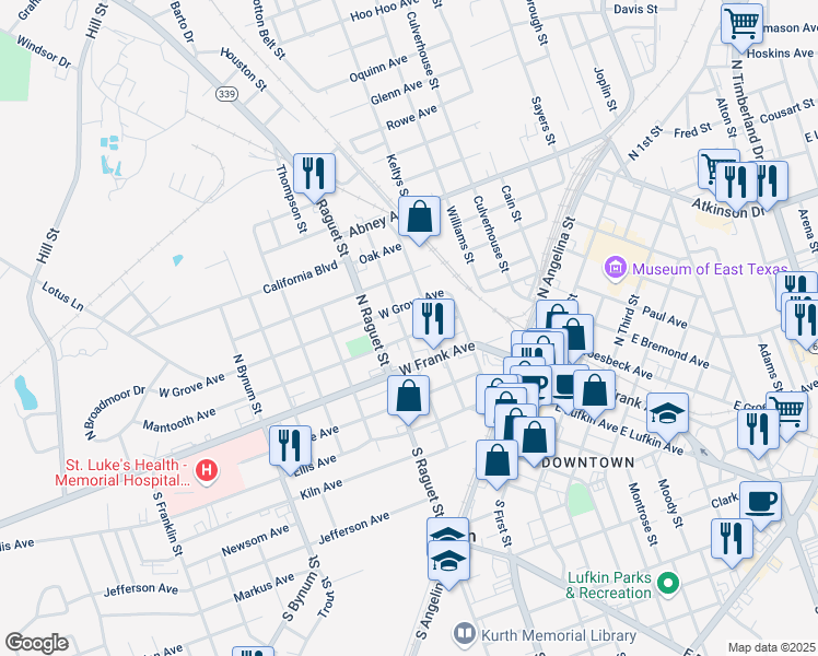 map of restaurants, bars, coffee shops, grocery stores, and more near 420 Mantooth Avenue in Lufkin