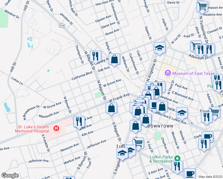 map of restaurants, bars, coffee shops, grocery stores, and more near 420 Mantooth Avenue in Lufkin
