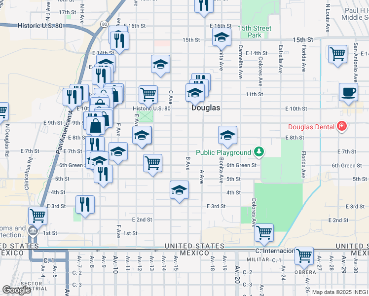 map of restaurants, bars, coffee shops, grocery stores, and more near 1011 East 7th Street in Douglas