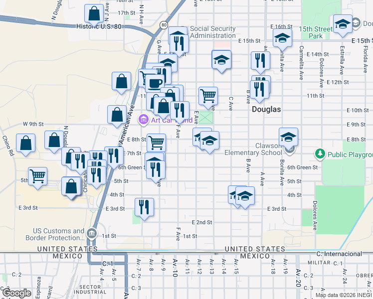 map of restaurants, bars, coffee shops, grocery stores, and more near 633 F Avenue in Douglas